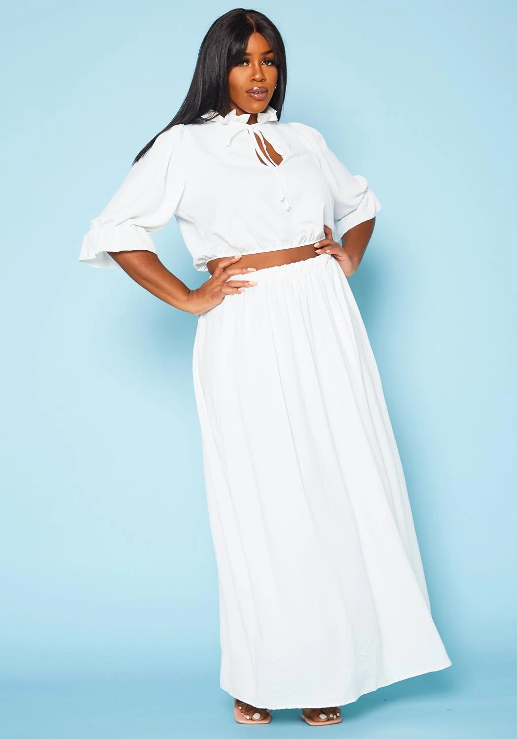 Plus Size Ruffled Mock Neck Crop Top & Maxi Skirt Set 4 Plus Size Ruffled Mock Neck Crop Top & Maxi Skirt Set - Image 2