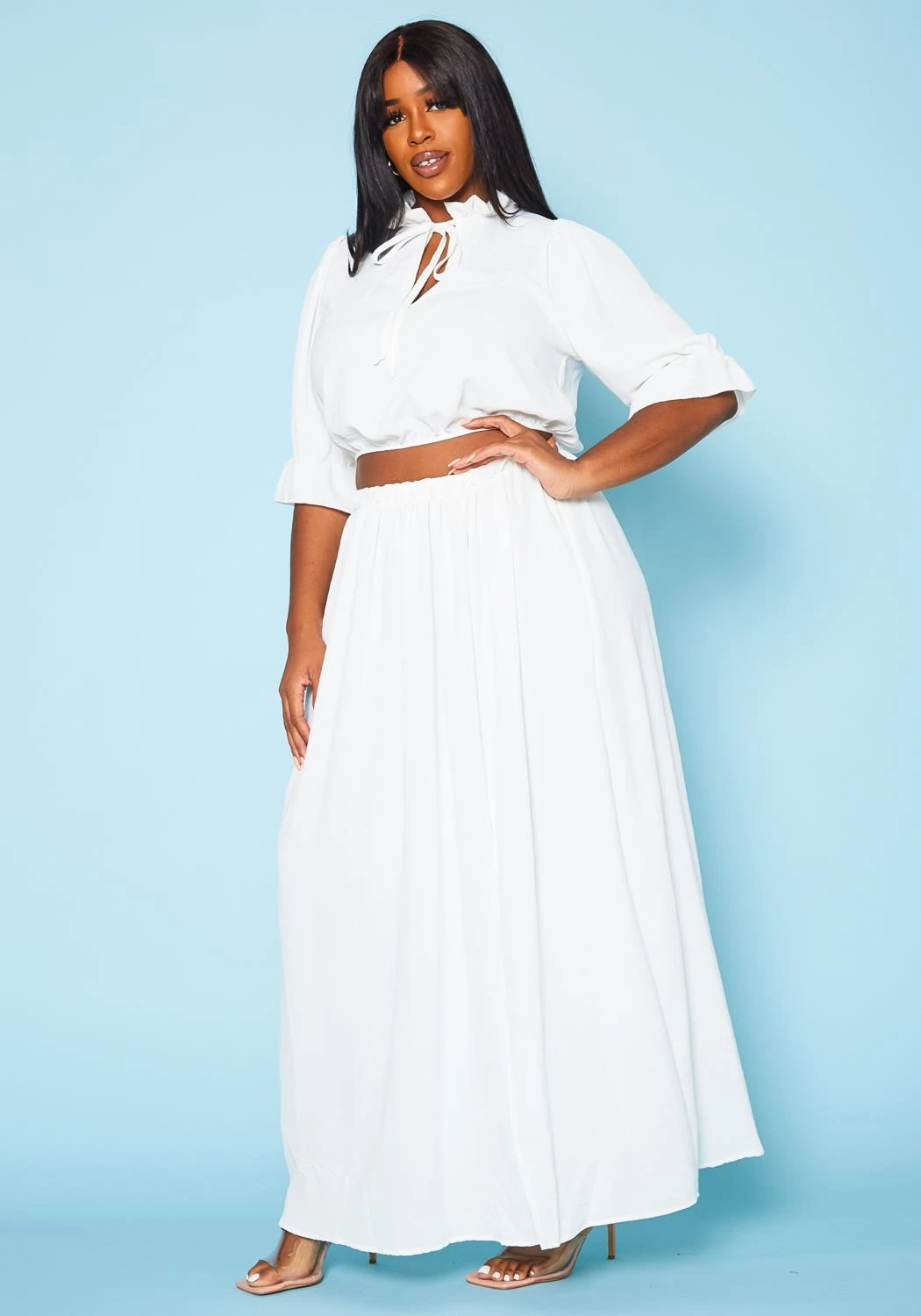 Plus Size Ruffled Mock Neck Crop Top & Maxi Skirt Set 5 Plus Size Ruffled Mock Neck Crop Top & Maxi Skirt Set - Image 3