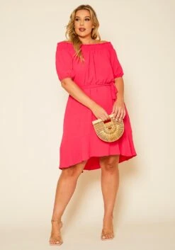 Plus Size Shirred Off Shoulder High Low Dress