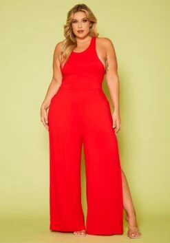 Plus Size Halter Top Wide Leg Slit Jumpsuit