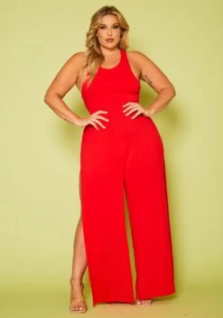 Plus Size Halter Top Wide Leg Slit Jumpsuit -Curve Elegance Shop 2020616 001 3