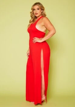 Plus Size Halter Top Wide Leg Slit Jumpsuit -Curve Elegance Shop 2020616 001 4