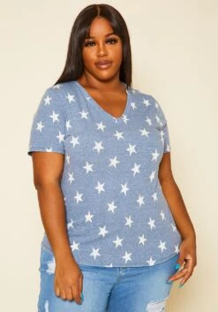Plus Size V-Neck Star Pattern Shirt -Curve Elegance Shop 2020632 002 0