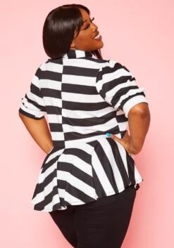 Plus Size Striped Bow Collar Peplum Top -Curve Elegance Shop 2020661 001 4