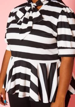 Plus Size Striped Bow Collar Peplum Top -Curve Elegance Shop 2020661 001 5