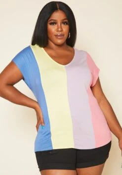 Plus Size Color Block V Neck Shirt