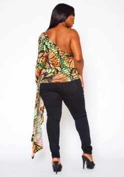 Plus Size Print One Sleeve Drape Hem Blouse -Curve Elegance Shop 2020789 001 5