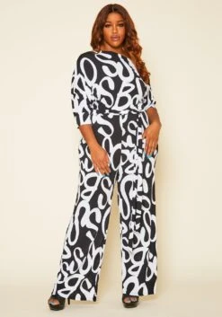 Plus Size Asymmetric Shoulder Abstract Print Jumpsuit