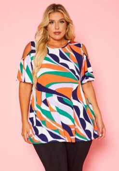 Plus Size Abstract Pattern Cold Shoulder Top