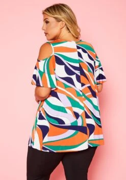 Plus Size Abstract Pattern Cold Shoulder Top -Curve Elegance Shop 2020871 001 4