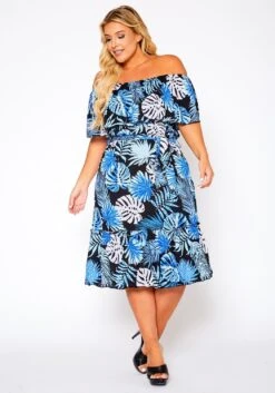 Plus Size Off Shoulder Leaf Print Tiered Dress