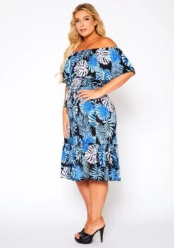 Plus Size Off Shoulder Leaf Print Tiered Dress -Curve Elegance Shop 2020872 001 3