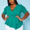 Plus Size Puff Sleeve Wrap Peplum Blouse -Curve Elegance Shop 2020884 001 1
