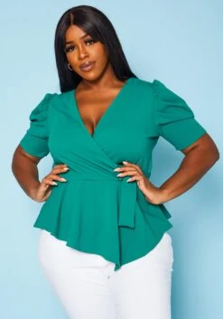 Plus Size Puff Sleeve Wrap Peplum Blouse
