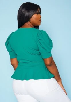 Plus Size Puff Sleeve Wrap Peplum Blouse -Curve Elegance Shop 2020884 001 4