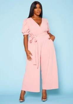 Plus Size Surplice Wide Leg Jumpsuit