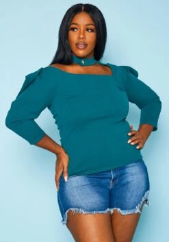 Plus Size Choker Neck Long Sleeve Top