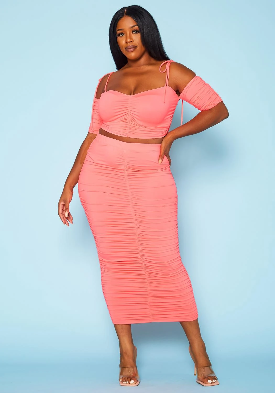 Plus Size Ruched Crop Top & Skirt Two Piece Set 4 Plus Size Ruched Crop Top & Skirt Two Piece Set - Image 2