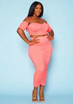 Plus Size Ruched Crop Top & Skirt Two Piece Set