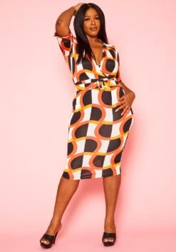 Plus Size Abstract Print Belted Bodycon Midi Dress