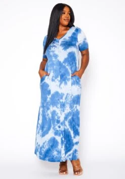 Plus Size Tie Dye V-Neck Short Sleeve Maxi Dress -Curve Elegance Shop 2020960 001 2