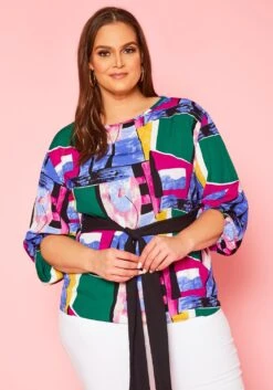 Plus Size Abstract Pattern Waist Tie Blouse -Curve Elegance Shop 2020966 001 2