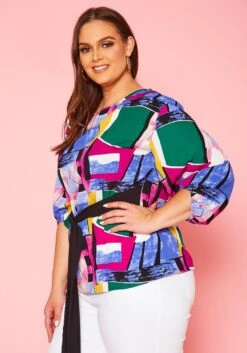 Plus Size Abstract Pattern Waist Tie Blouse -Curve Elegance Shop 2020966 001 3