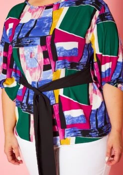 Plus Size Abstract Pattern Waist Tie Blouse -Curve Elegance Shop 2020966 001 5
