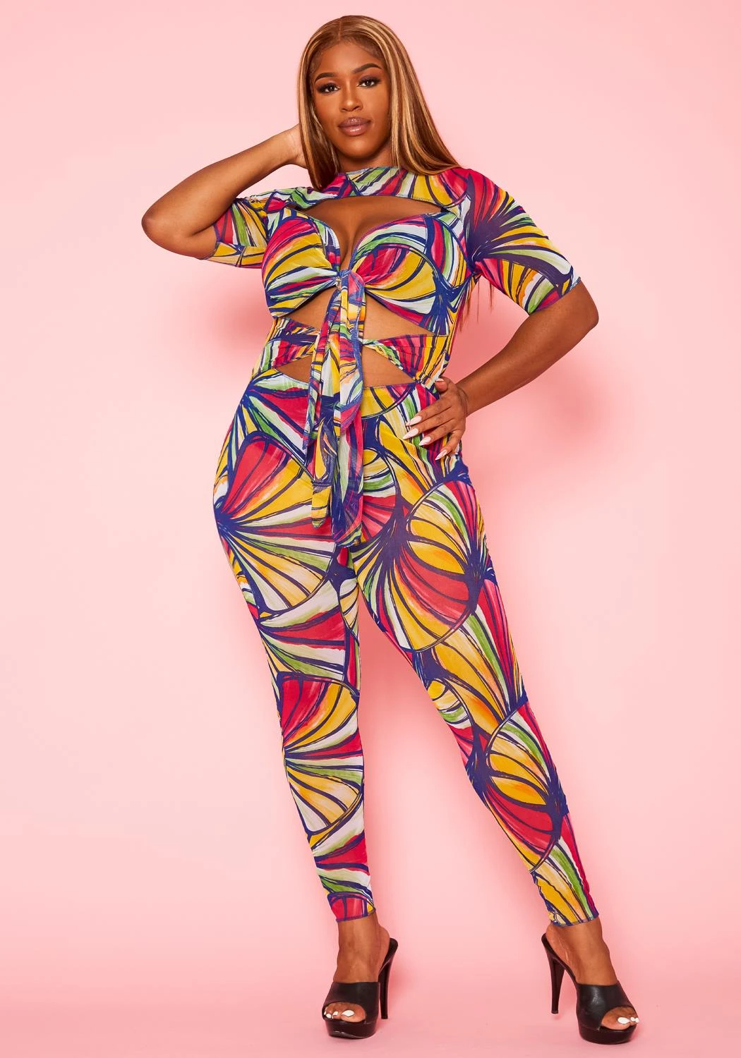 Plus Size Abstract Print Cut Out Jumpsuit 4 Plus Size Abstract Print Cut Out Jumpsuit - Image 2