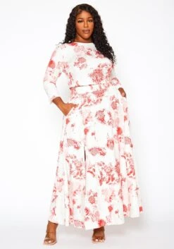 Plus Size Antique Floral Print Crop Top & Maxi Skirt Set -Curve Elegance Shop 2020990 001 3