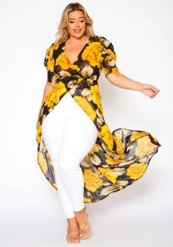 Plus Size Floral Pattern High Low Blouse