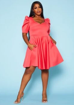 Plus Size Puff Sleeve Flare Mini Dress -Curve Elegance Shop 2021049 004 0