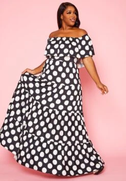 Plus Size Polka Dot Print Flare Maxi Dress