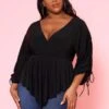 Plus Size Surplice Shirred Sleeve Peplum Blouse -Curve Elegance Shop 2021079 002 0