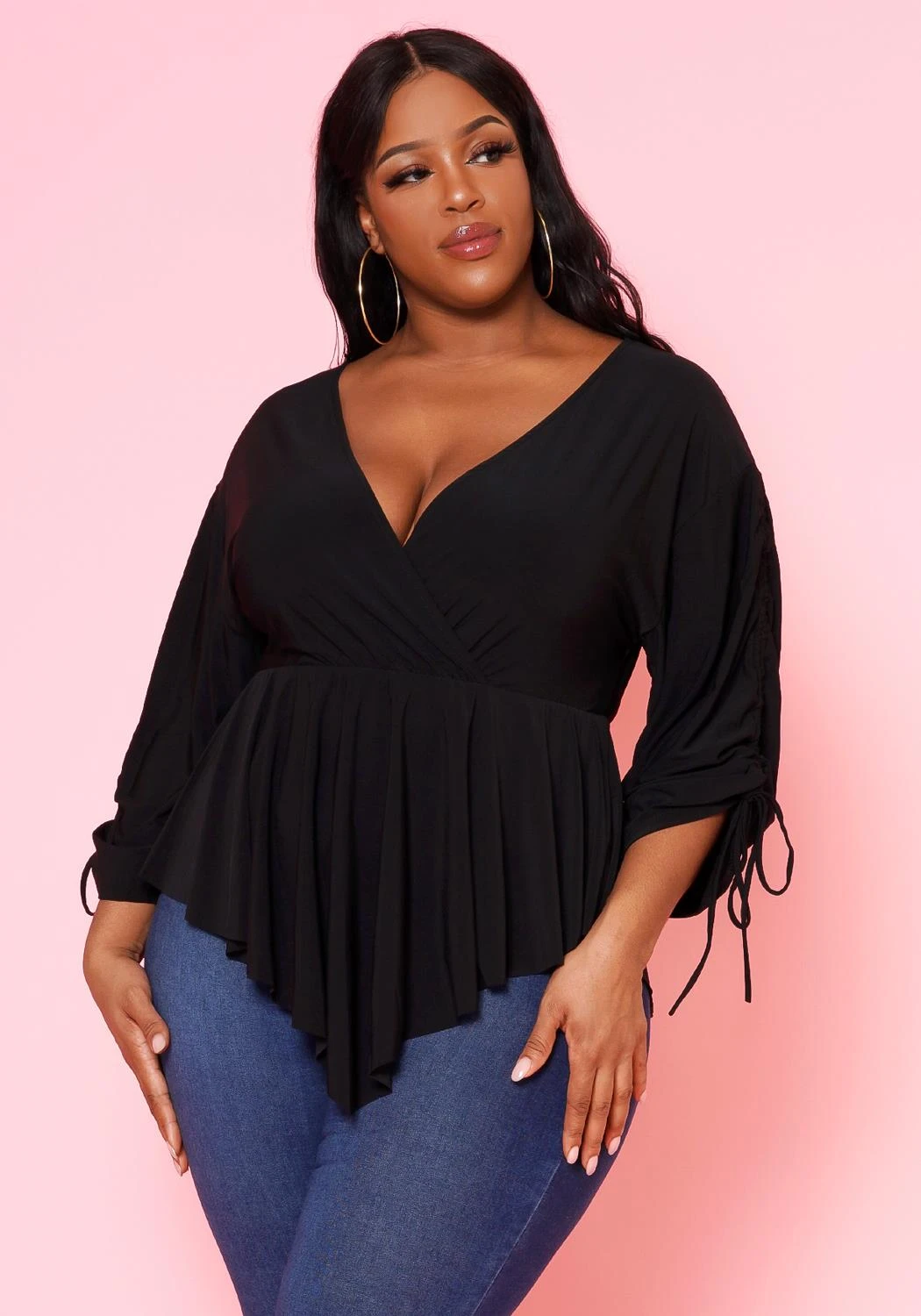 Plus Size Surplice Shirred Sleeve Peplum Blouse 3 Plus Size Surplice Shirred Sleeve Peplum Blouse