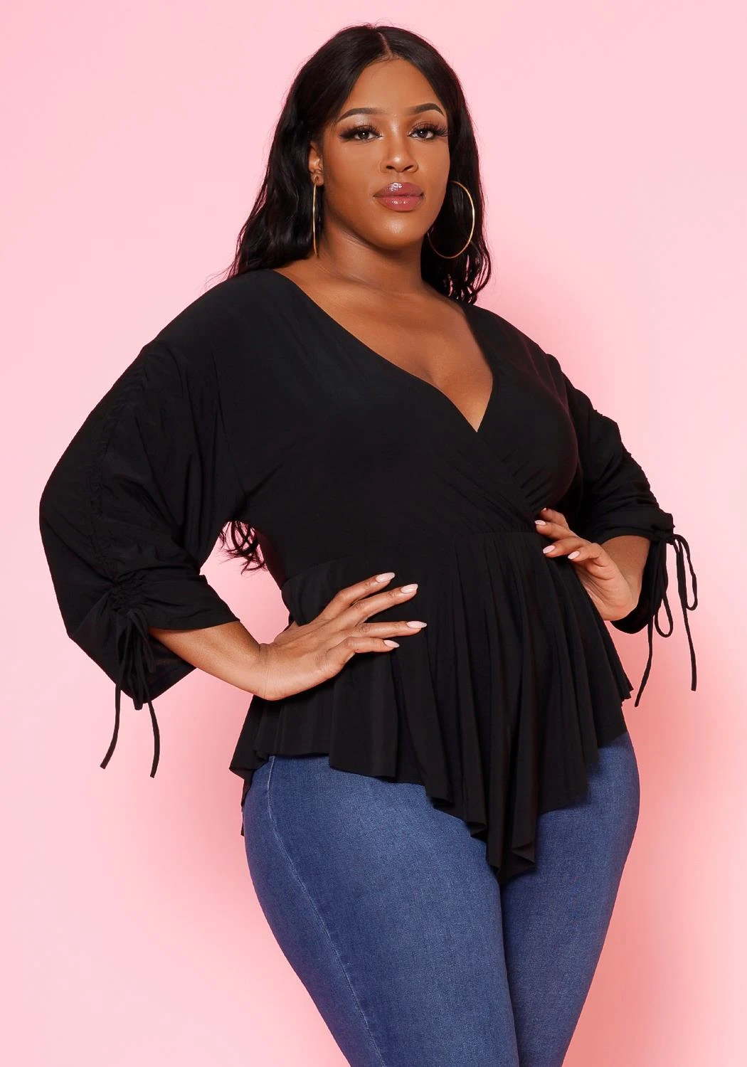 Plus Size Surplice Shirred Sleeve Peplum Blouse 4 Plus Size Surplice Shirred Sleeve Peplum Blouse - Image 2