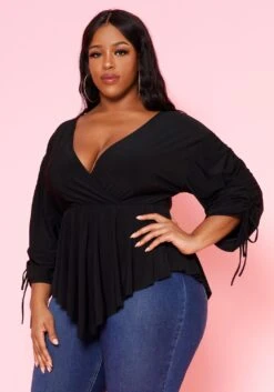 Plus Size Surplice Shirred Sleeve Peplum Blouse 9 Plus Size Surplice Shirred Sleeve Peplum Blouse -Curve Elegance Shop 2021079 002 2