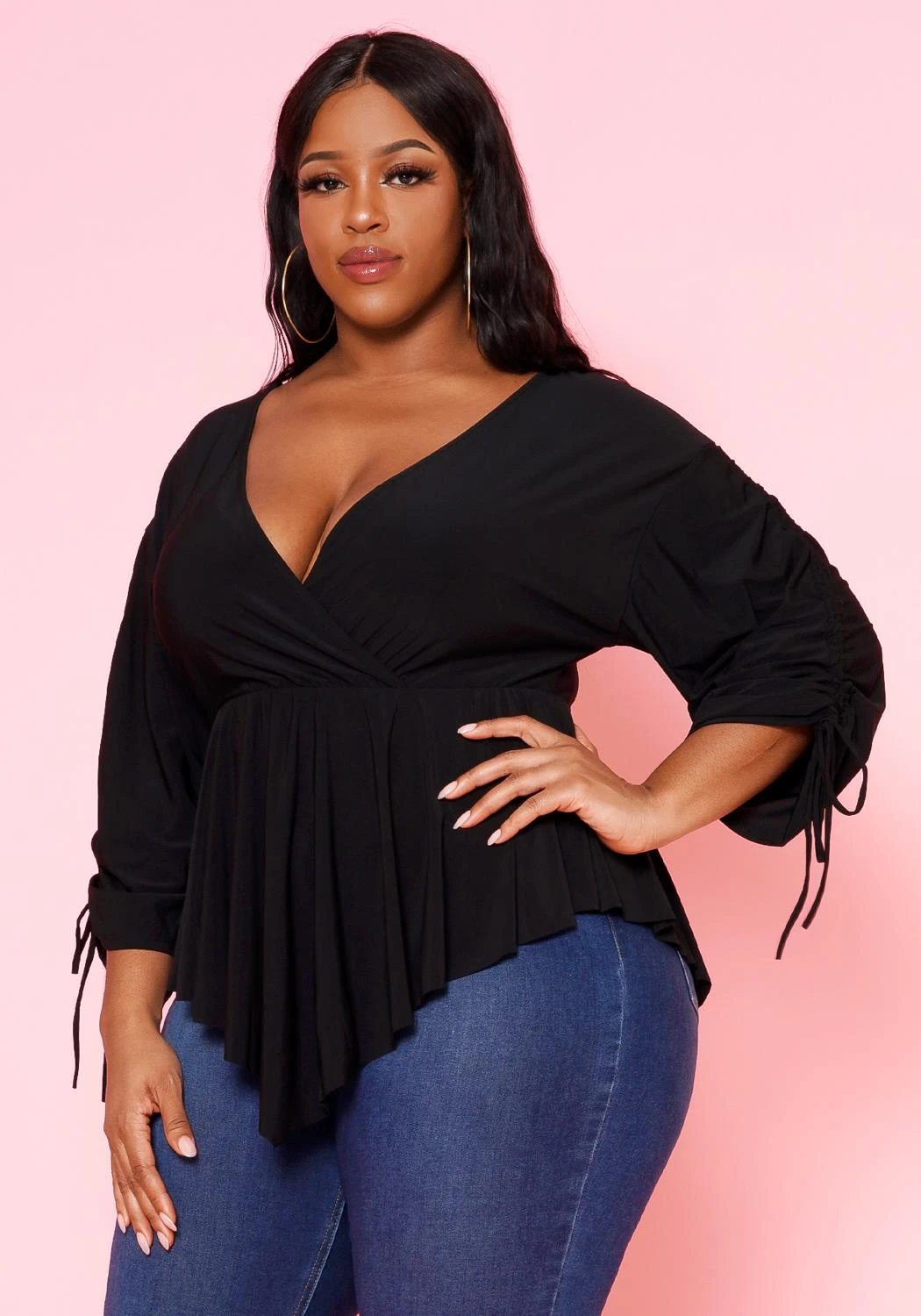 Plus Size Surplice Shirred Sleeve Peplum Blouse 5 Plus Size Surplice Shirred Sleeve Peplum Blouse - Image 3