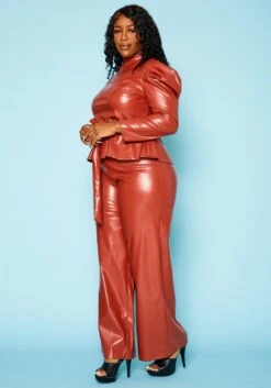 Plus Size Faux Leather Peplum Top & Pants Set -Curve Elegance Shop 2021099 001 3