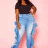 Plus Size Blue Wash Ruffle Hem Denim Jeans 1 Plus Size Blue Wash Ruffle Hem Denim Jeans -Curve Elegance Shop 2021118 001 0