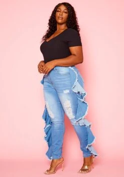 Plus Size Blue Wash Ruffle Hem Denim Jeans -Curve Elegance Shop 2021118 001 2
