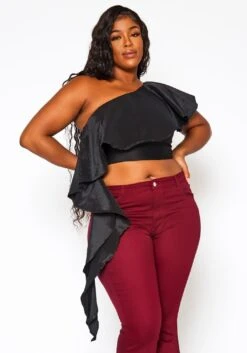 Plus Size Asymmetric Hem One Sleeve Crop Top -Curve Elegance Shop 2021131 001 2