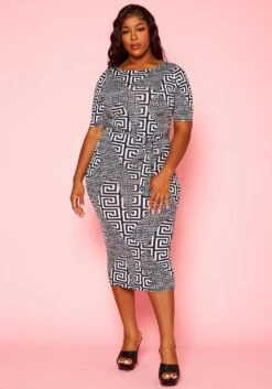 Plus Size Greek Key Print Bodycon Midi Dress -Curve Elegance Shop 2021135 001 0