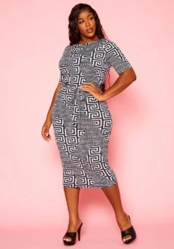 Plus Size Greek Key Print Bodycon Midi Dress -Curve Elegance Shop 2021135 001 2