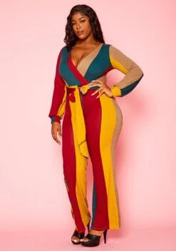 Plus Size Color Block Long Sleeve Jumpsuit -Curve Elegance Shop 2021136 001 2