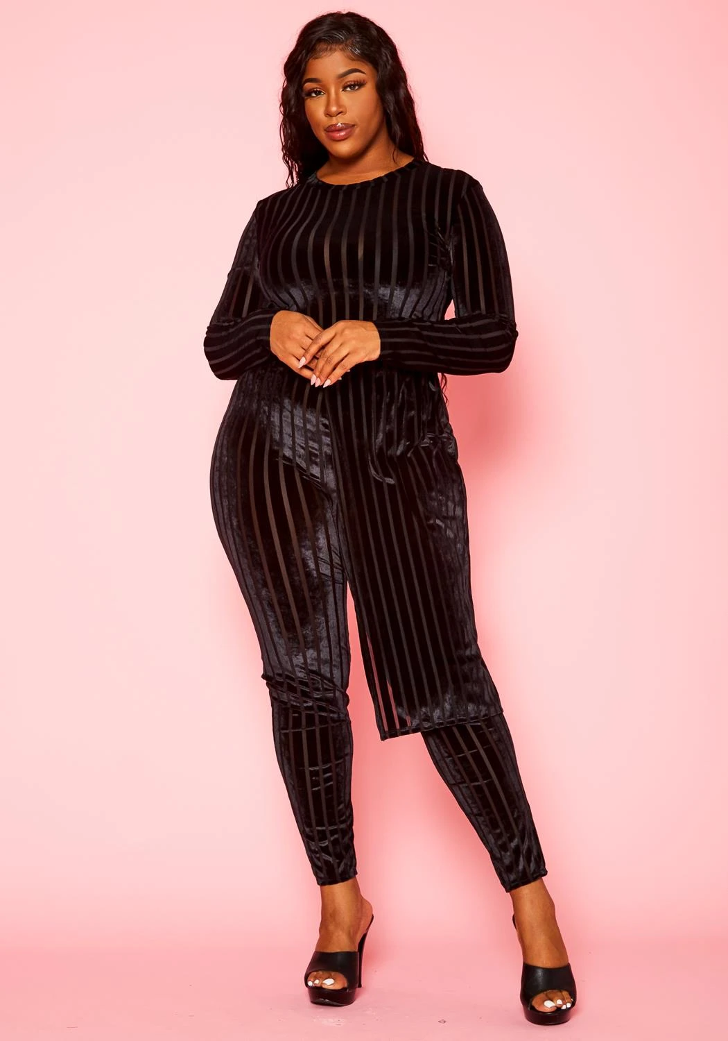Plus Size Velvet Striped Asymmetric Top & Legging Set 3 Plus Size Velvet Striped Asymmetric Top & Legging Set