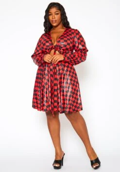 Plus Size Checkered Print Wrap Top & Pleated Skirt Set -Curve Elegance Shop 2021145 001 0