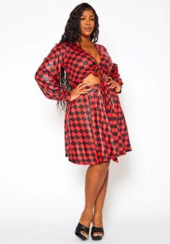 Plus Size Checkered Print Wrap Top & Pleated Skirt Set -Curve Elegance Shop 2021145 001 1