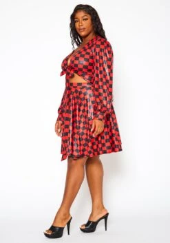 Plus Size Checkered Print Wrap Top & Pleated Skirt Set -Curve Elegance Shop 2021145 001 2