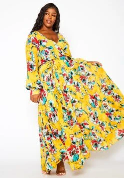 Plus Size Floral Print Flare Maxi Dress